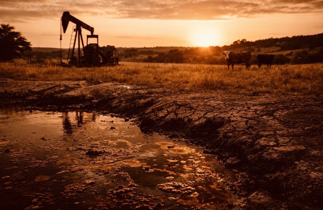 Oil pump and cattle on a dry Texas ranch at sunset