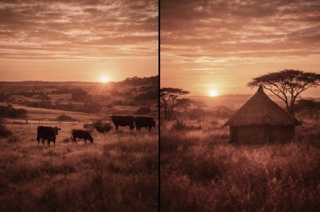 Ugandan landscape with cattle and warm sunset light